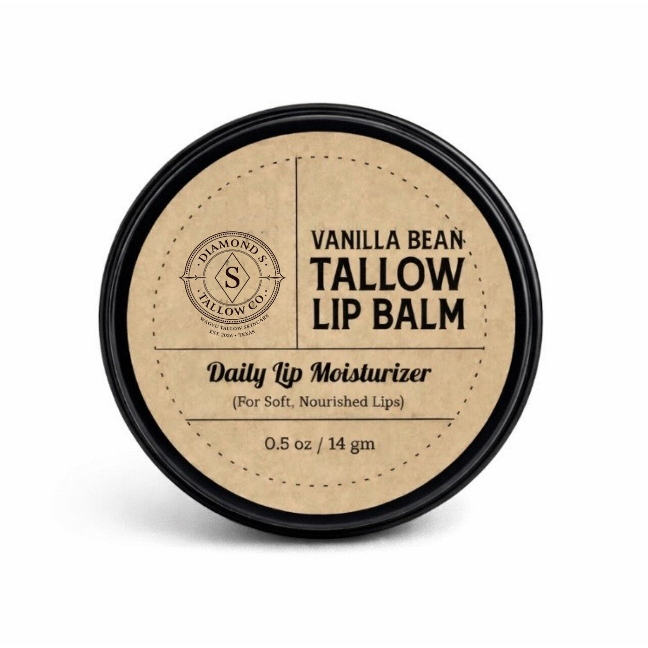 Round container of vanilla bean balm on a white background